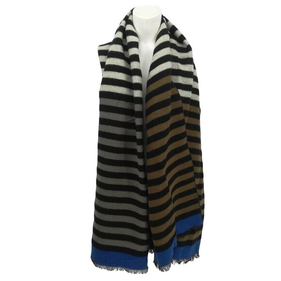 Free People Kellen Striped Scarf Wrap Oversized Fringe Brown Blue Gray Black - Picture 1 of 5